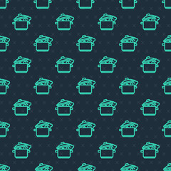 Green line Cooking pot icon isolated seamless pattern on blue background. Boil or stew food symbol. Vector