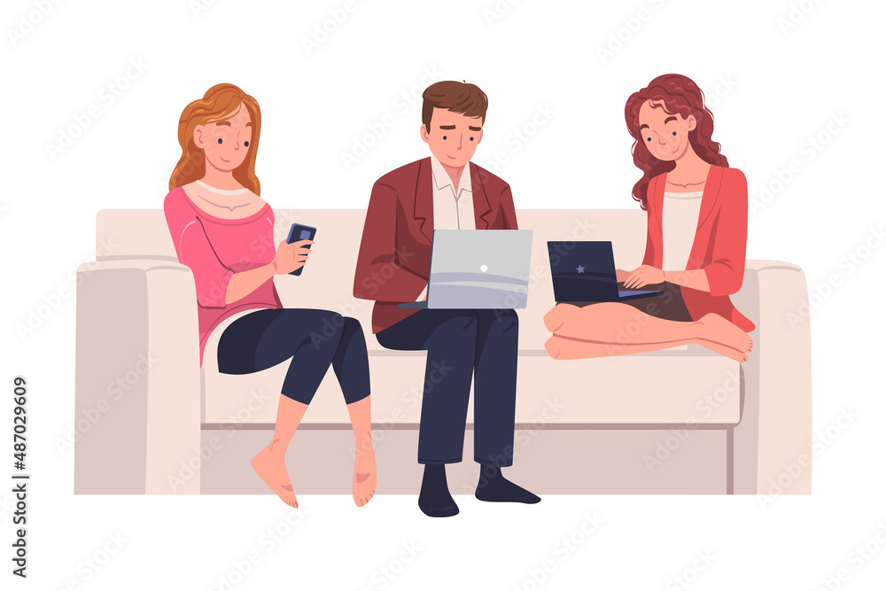 Poster man and woman character with digital device sitting on sofa suffering from internet addiction vector