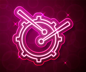 Glowing neon line Drum with drum sticks icon isolated on red background. Music sign. Musical instrument symbol. Vector