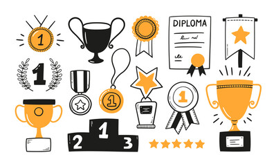 Awards, trophy cups, first place medals and podium winners set. Doodle gold medal and champion trophy cup. Hand drawn award decorative icons. Vector illustrations isolated on white background. - obrazy, fototapety, plakaty