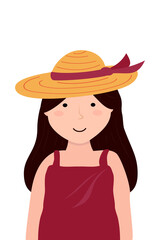 Young girl in a straw hat from the sun and a summer red sundress. Vector cartoon illustration in flat style