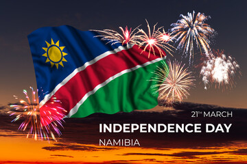 Sky with majestic fireworks and flag of Namibia