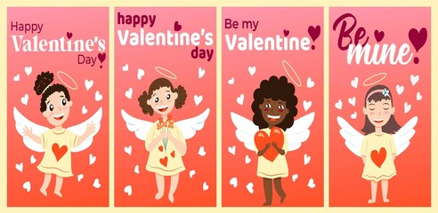 Happy Valentine s Day. Collection of greeting cards with babies cupid angels. Boys and girls. Red and white hearts. Cartoon characters. Cute and funny. Gradient background. Template for post cards