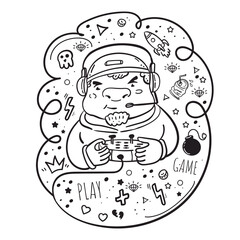 The guy is streaming games. A set of game artifacts and symbols. Coloring book illustration
