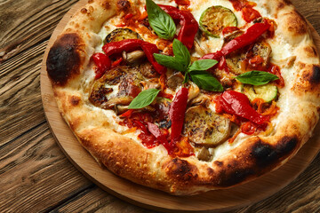 pizza vegetables tomato, onion, pickles, mushrooms, etc. vegan or vegetarian food ready to eat no meat portion on the table for healthy meal snack outdoor top view copy space food background rustic