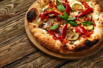 pizza vegetables tomato, onion, pickles, mushrooms, etc. vegan or vegetarian food ready to eat no meat portion on the table for healthy meal snack outdoor top view copy space food background rustic