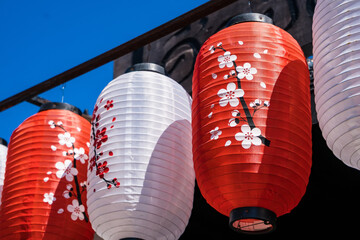 Chiang Rai, Thailand - January, 09, 2022 : Japanese red lanterns at a restaurant at Chiangrai Thailand.
