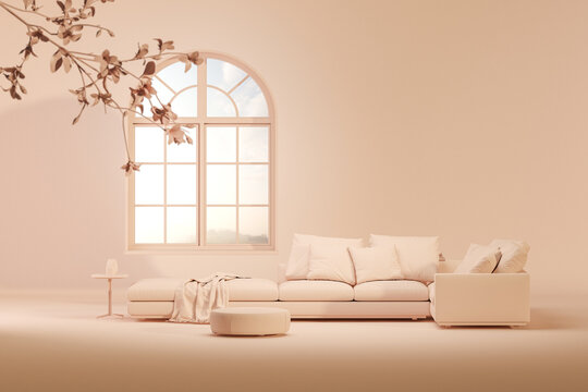 Beige door and abstract podium with sofa, armchair sun shade and tropical plant. 3D rendering for studio and fashion presentation. Geometry shape Peach Fuzz is color trend of the Year 2024.	