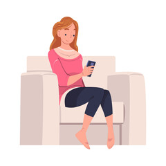 Woman Character with Digital Device Sitting in Armchair Suffering from Internet Addiction Vector Illustration