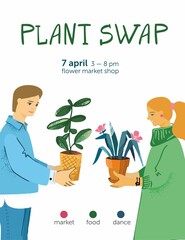 Green plant swap party poster template. Eco friendly lifestyle potted flowers market. Vertical banner plants exchange. Boy and girl holding big houseplants isolated on white. Vector illustration