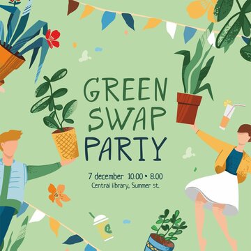 Green plant swap party poster template. Eco friendly lifestyle potted flowers market. Banner plants exchange for social media. Flying boy and girl holding big houseplants. Cartoon vector illustration