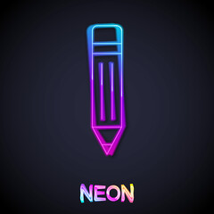 Glowing neon line Pencil with eraser icon isolated on black background. Drawing and educational tools. School office symbol. Vector