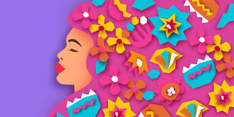 Female portrait with paper cut flowers. Happy Women's day. Happy Mother's Day. Abstract Hand drawn paper cut floral shapes. Trendy contemporary art. 8 March. Spring. Paper art work. Very peri color.
