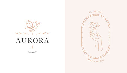 Illustration of logo template with magnolia flower and female hand - obrazy, fototapety, plakaty