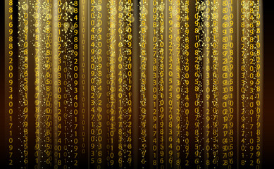 Technology abstract background, matrix style, gold color, falling numbers. Digital data flow dust on screen. Programming concept, secure data, hacking, piracy, technology, internet. Vector