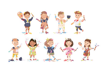 Little Children Smeared in Paints Holding Artist Palette and Brush Vector Set