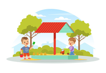 Children Playing on Playground in City Park in Sandpit Vector Illustration