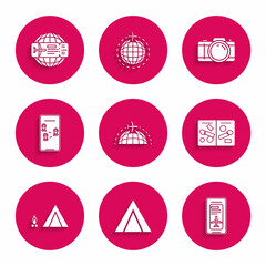 Set Globe with flying plane, Smartphone electronic boarding pass airline ticket, Passport pages visa stamps, wood fire, Infographic of city map navigation, Photo camera and Airline icon. Vector