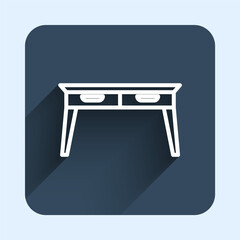 White line Office desk icon isolated with long shadow background. Blue square button. Vector