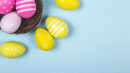 happy easter. holidays background with easter eggs decoration on blue background