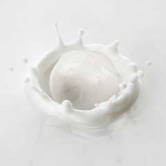 Mozzarella cheese falls into milk, yoghurt, sour cream, Splash