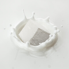 Feta, Greek cheese cube falls into milk, yoghurt, sour cream, Splash