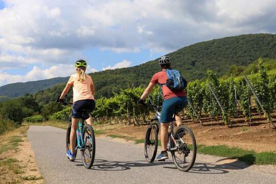 Symbolbild: Junges Paar bei einer Fahrradtour in den Weinbergen