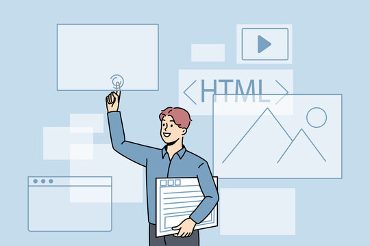 Computer programming and html concept. Young man web designer computer programmer standing and pointing at emails html and graphics vector illustration 