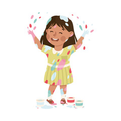 Little Girl Smeared in Paints Throwing Splashes Vector Illustration