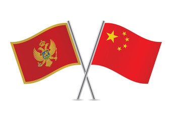 Montenegro and China crossed flags. Montenegrin and Chinese flags isolated on white background. Vector icon set. Vector illustration.