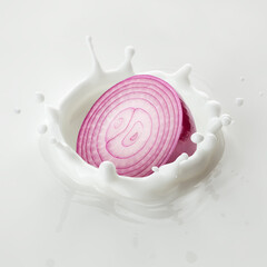 red Onion falls into milk, yoghurt, sour cream, Splash