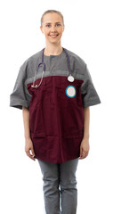 Fototapeta premium female medic, nurse in overalls with fanndoscope and red cross emblem. girl with a ponytail in a burgundy outfit. isolated white background