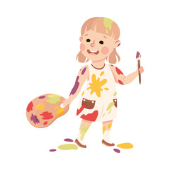 Little Girl Smeared in Paints Holding Artist Palette and Brush Vector Illustration