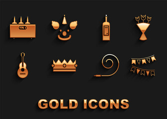 Set Crown, Bouquet of flowers, Carnival garland with flags, Birthday party horn, Guitar, Bottle wine, Bottles wooden box and Clown head icon. Vector