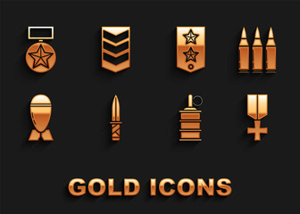 Set Military knife, Bullet, reward medal, Hand grenade, Aviation bomb, Chevron, and rank icon. Vector