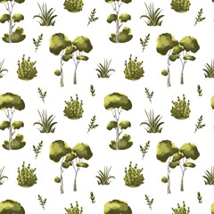 Birch tree seamless pattern. Green birch and green bush. Green birch and green bush pattern. Forest illustration of stems on white background. Hand drawn illustration for textile, wallpaper, fabric, e