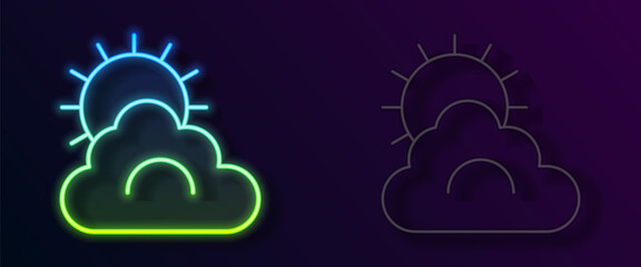 Glowing neon line Sun and cloud weather icon isolated on black background. Vector