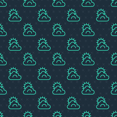 Green line Sun and cloud weather icon isolated seamless pattern on blue background. Vector