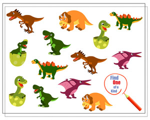 Naklejka premium Children's logic game find the one of a kind. Dinosaurs and their children. Vector