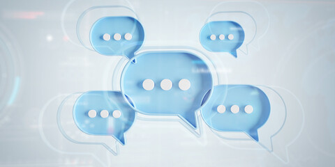 Minimalist blue and white speech bubbles talk icons floating over grey background. Modern conversation or social media messages with shadow. 3D rendering
