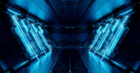 Blue spaceship interior with neon lights on panel walls. Futuristic corridor in space station background. 3d rendering © sdecoret
