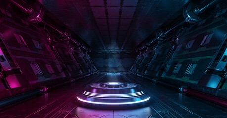 Fototapeta na wymiar Blue and pink spaceship interior with projector. Futuristic corridor in space station with glowing neon lights background. 3d rendering