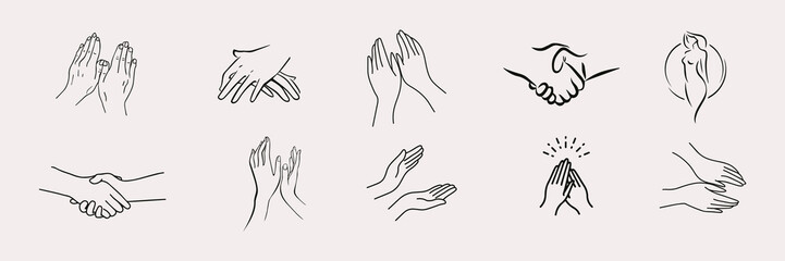 A set of female hand logos in a minimal linear style. Vector logo design Templates with different hand gestures, Crystal. For cosmetics, beauty, tattoo, Spa, feminine, jewelry store