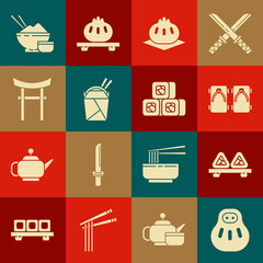 Set Maneki neko cat, Sushi on cutting board, Geta traditional Japanese shoes, Khinkali, Asian noodles paper box and chopsticks, Gate, Rice bowl with and icon. Vector