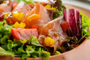 fresh salad with tuna, tomatoes and sauce in a deep round plate close-up
