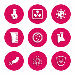 Set Bacteria, Atom, Biohazard symbol on shield, Test tube and flask chemical, Laboratory glassware or beaker, and icon. Vector
