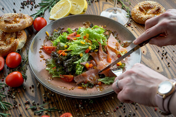 hands with cutlery cut meat in a plate with salad
