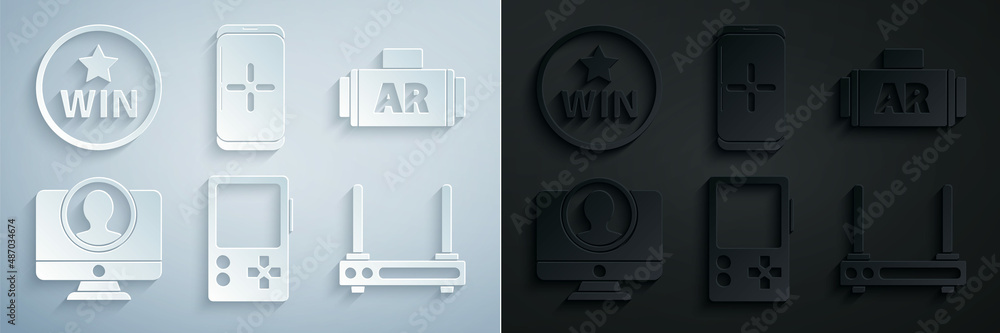 Poster set portable video game console, ar, augmented reality, create account screen, router and wi-fi sign
