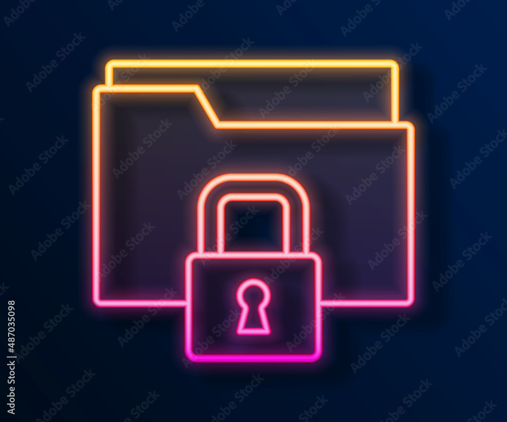 Poster glowing neon line folder and lock icon isolated on black background. closed folder and padlock. secu