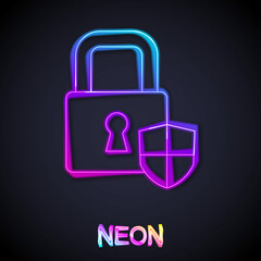 Glowing neon line Shield security with lock icon isolated on black background. Protection, safety, password security. Firewall access privacy sign. Vector